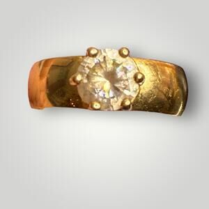 Vintage 18K HGE Gold Plated Solitaire Ring Clear Round Stone Size 6.5